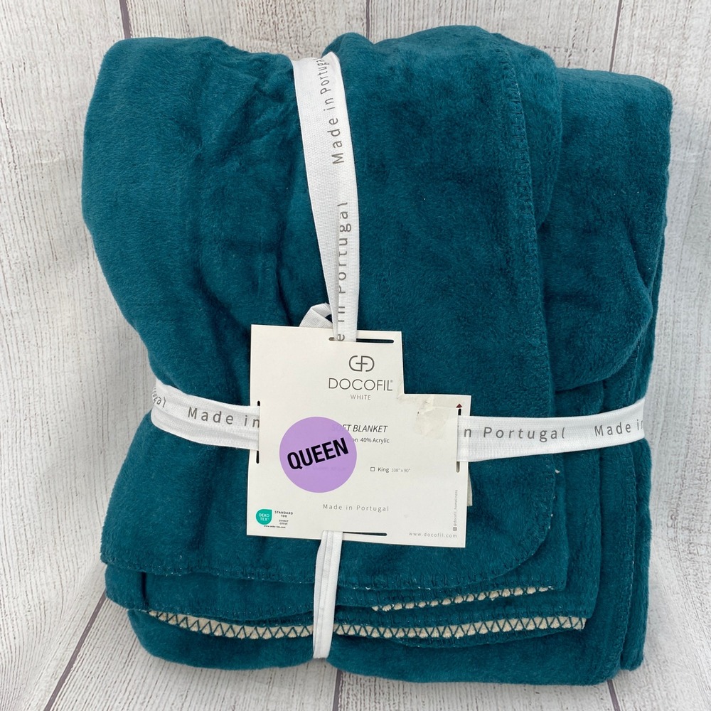 Docofil Soft Blanket Queen Teal Blue Cotton Acrylic Whipstitch Made in Portugal